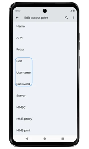 Edit access point screen with Port, Username and Password highlighted