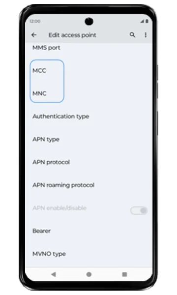 Edit access point screen with MCC and MNC highlighted