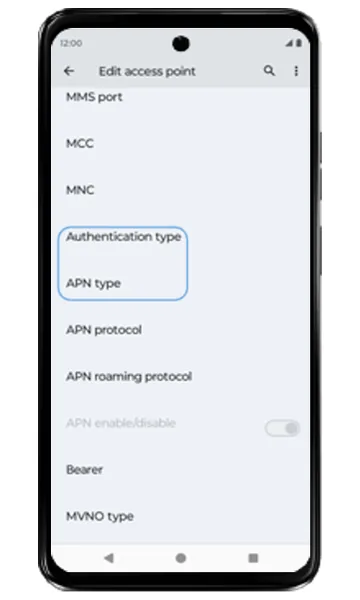 Edit access point screen with Authentication type and APN type highlighted