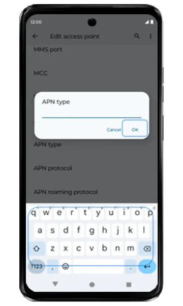 APN type dialog with the OK button highlighted
