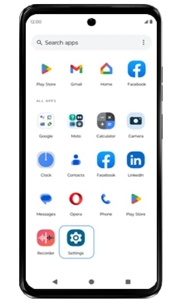 App drawer with Settings highlighted