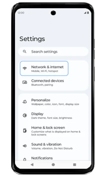 Settings list with Network & internet highlighted