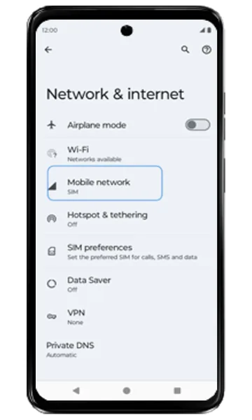 Network & internet screen with Mobile network highlighted