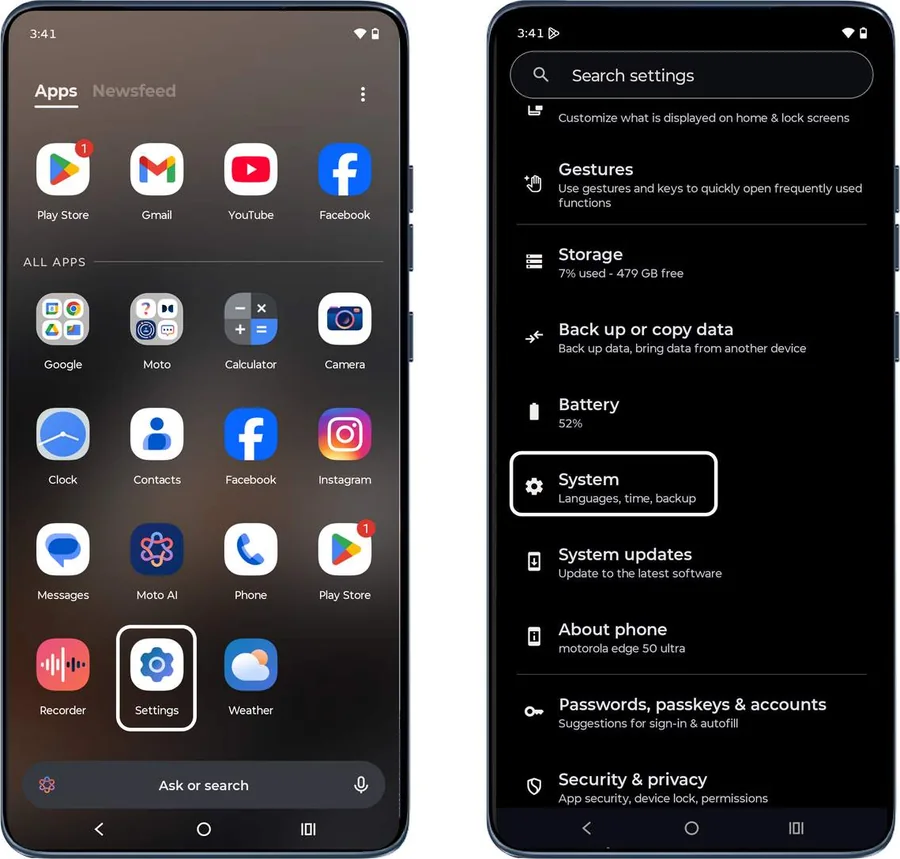 App tray with Settings highlighted and Settings list with System highlighted