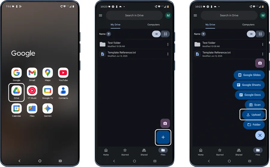 Google Drive app with the plus button and Upload option highlighted