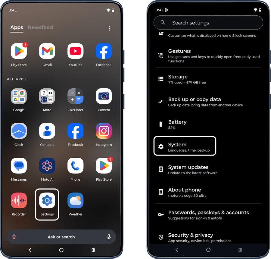 App tray with Settings highlighted and Settings list with System highlighted
