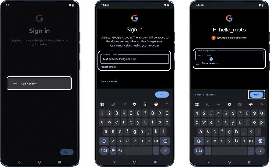Google Sign in screens with Add account, email and password fields