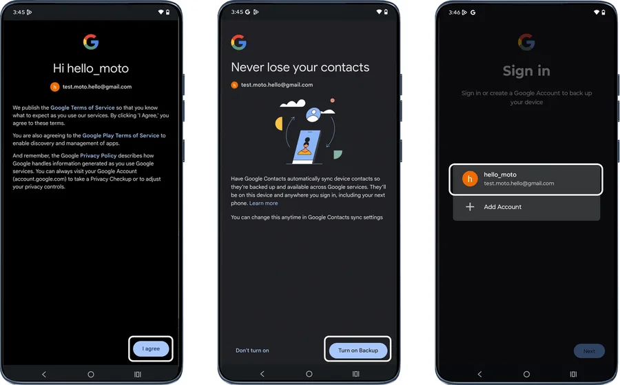 Terms screen with I agree, Turn on backup and account selection