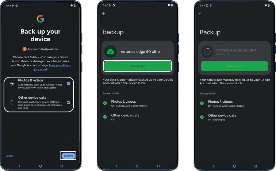Back up your device screen with options ticked, then the Back up now button