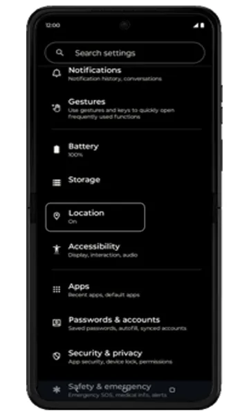 Settings list with Location highlighted