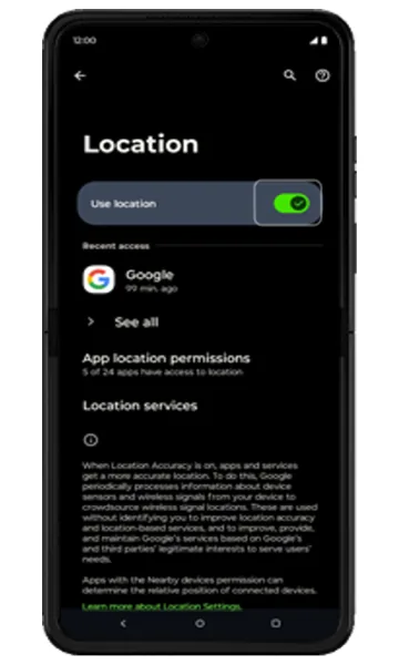 Location screen with the Use location switch highlighted