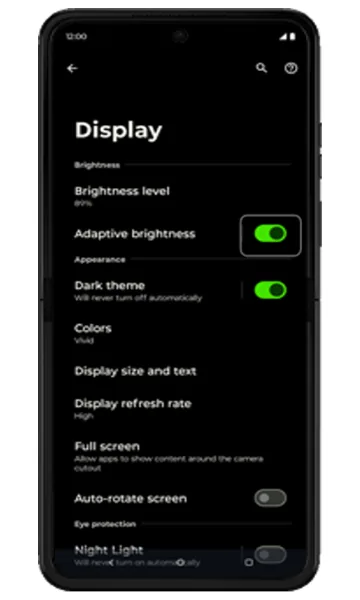 Display settings with Adaptive brightness turned off