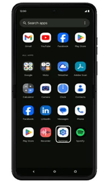 App drawer with Settings highlighted