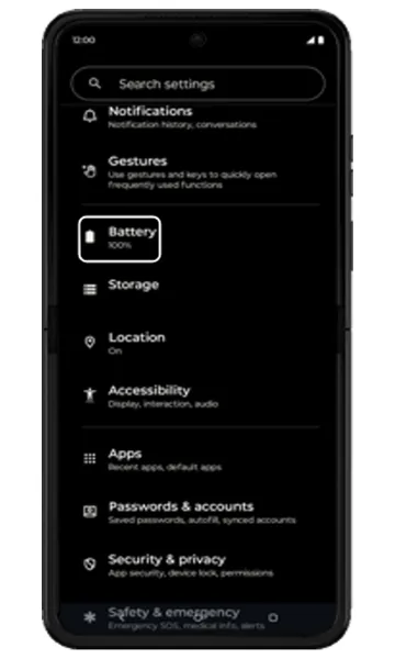 Settings list with Battery highlighted