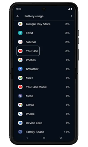 Battery usage list with YouTube highlighted