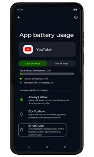 App battery usage screen for YouTube with Smart use highlighted