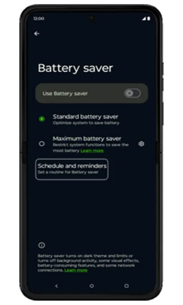 Battery saver screen with Schedule and reminders highlighted