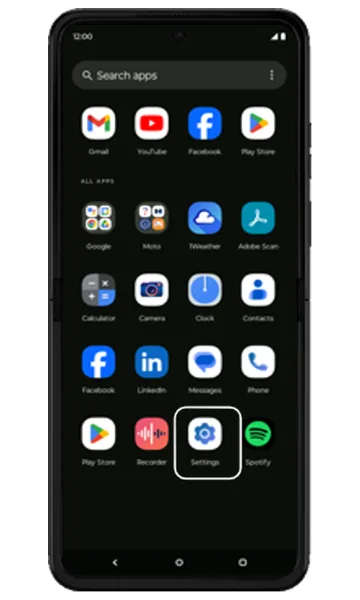 App drawer with Settings highlighted