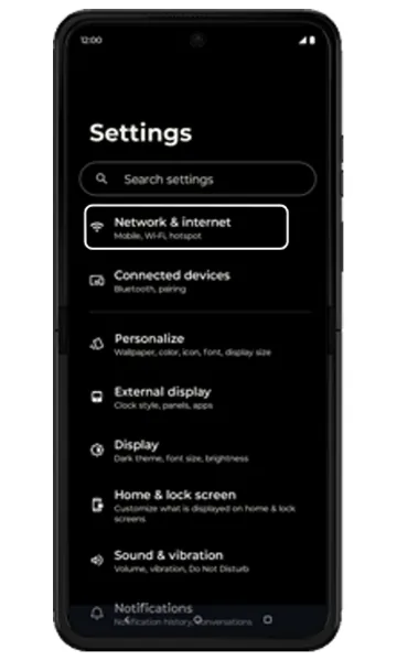 Settings list with Network & internet highlighted