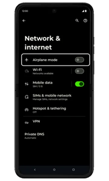 Network & internet screen with the Airplane mode switch highlighted
