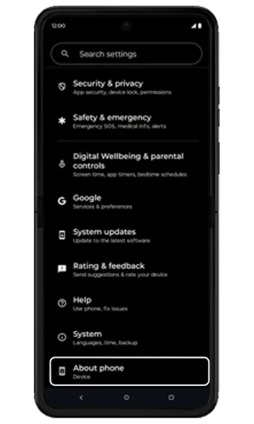 Settings list with About phone highlighted