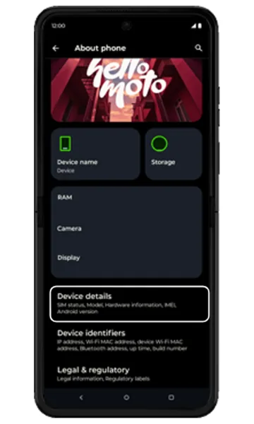 About phone screen with Device details highlighted
