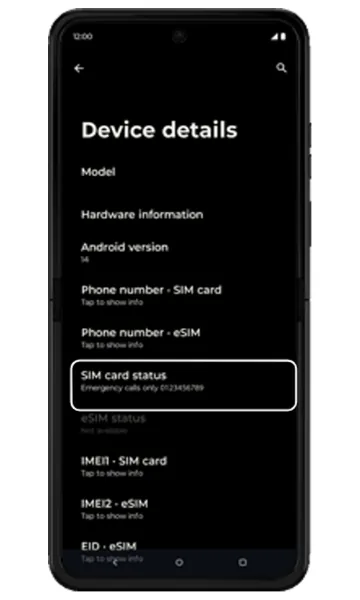 Device details screen with SIM card status highlighted