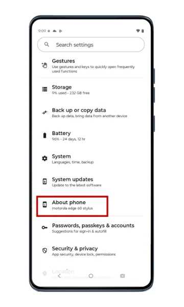 Motorola Settings list with About phone highlighted