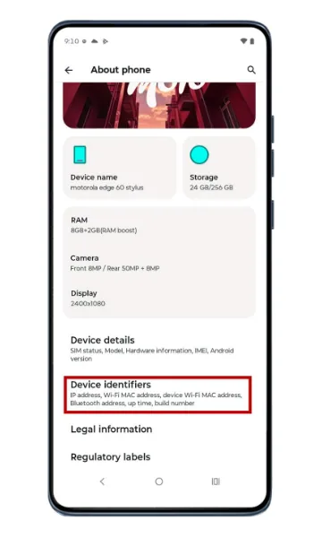 About phone screen with Device identifiers highlighted
