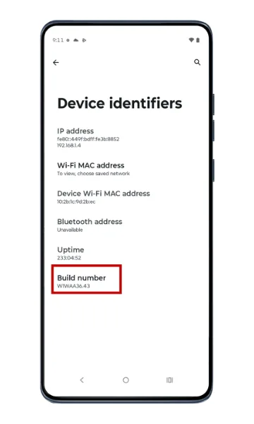 Device identifiers screen with Build number highlighted