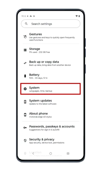 Motorola Settings list with System highlighted