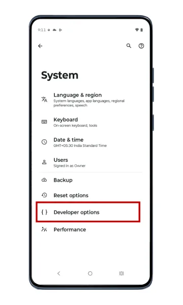 System settings with Developer options highlighted