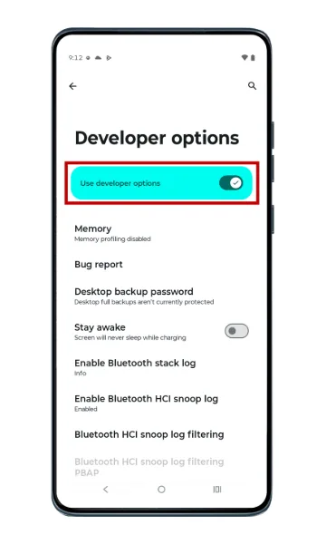 Developer options screen with the Use developer options switch highlighted