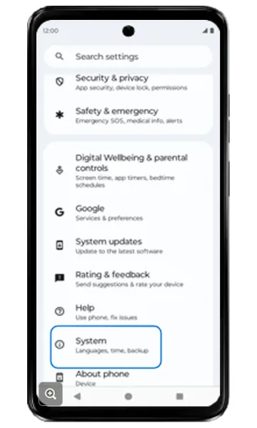 Settings list with System highlighted