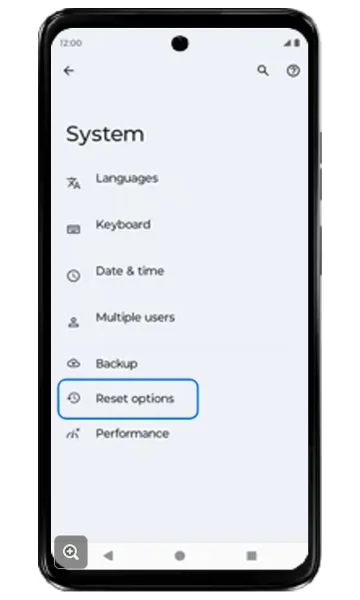 System settings with Reset options highlighted