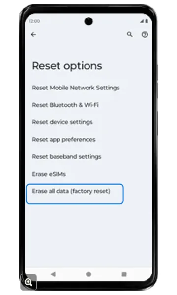 Reset options with Erase all data (factory reset) highlighted