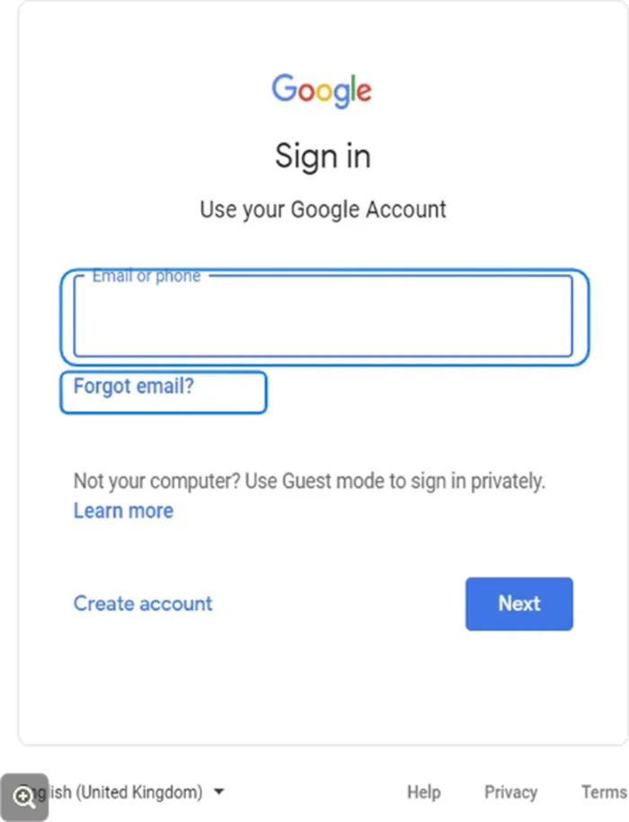 Google Sign in page with the email field and Forgot email link highlighted