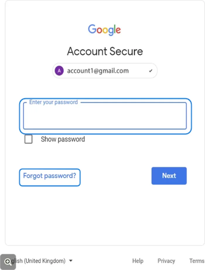 Google password page with the password field and Forgot password link highlighted