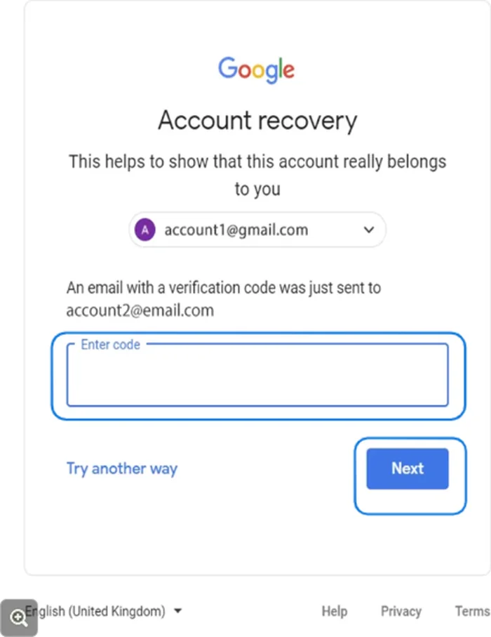 Google Account recovery page with the Enter code field and Next button highlighted
