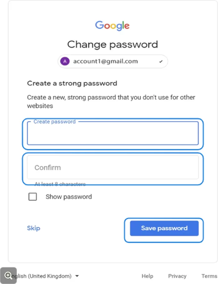 Google Change password page with the new password fields and Save password button