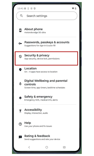 Settings list with Security & privacy highlighted