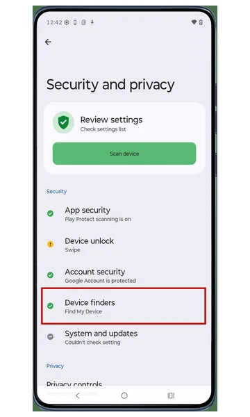 Security and privacy screen with Device finders highlighted