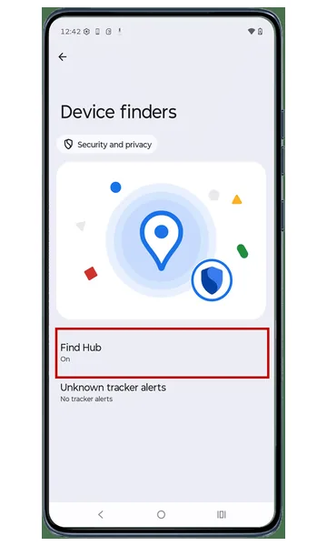 Device finders screen with Find Hub highlighted