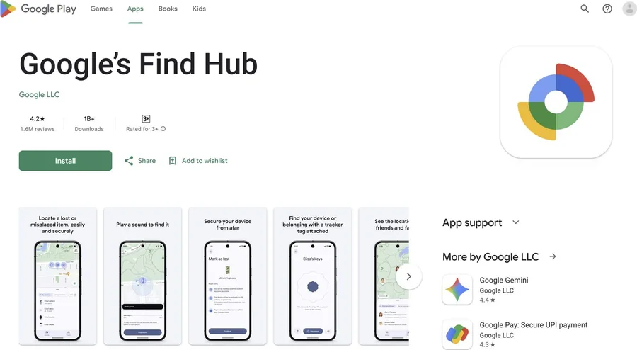 Google’s Find Hub app on the Google Play Store