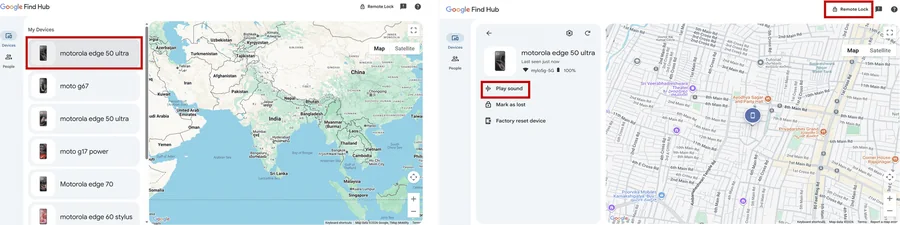 Find Hub website showing a list of devices and a phone’s location on a map