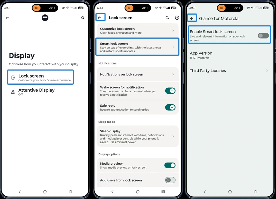 Moto app Display section and Smart lock screen setting