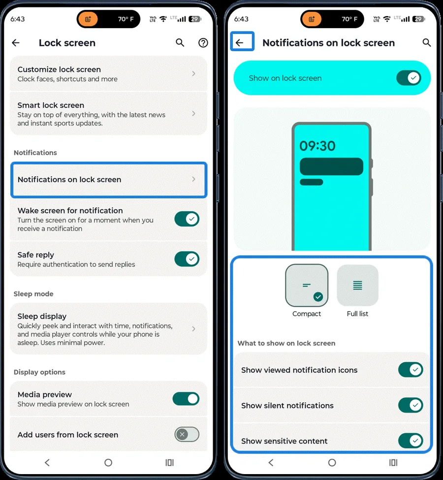 Lock screen notification layout settings