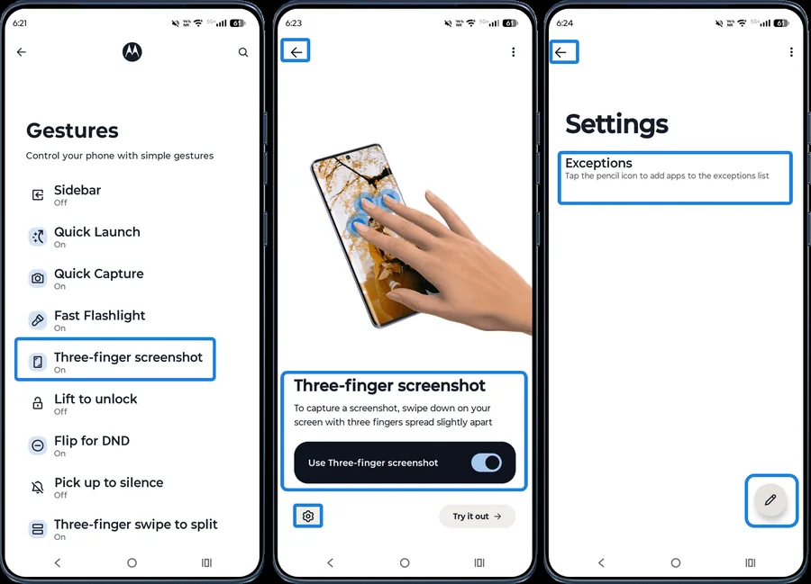 Moto app Three-finger screenshot switch and exceptions setting