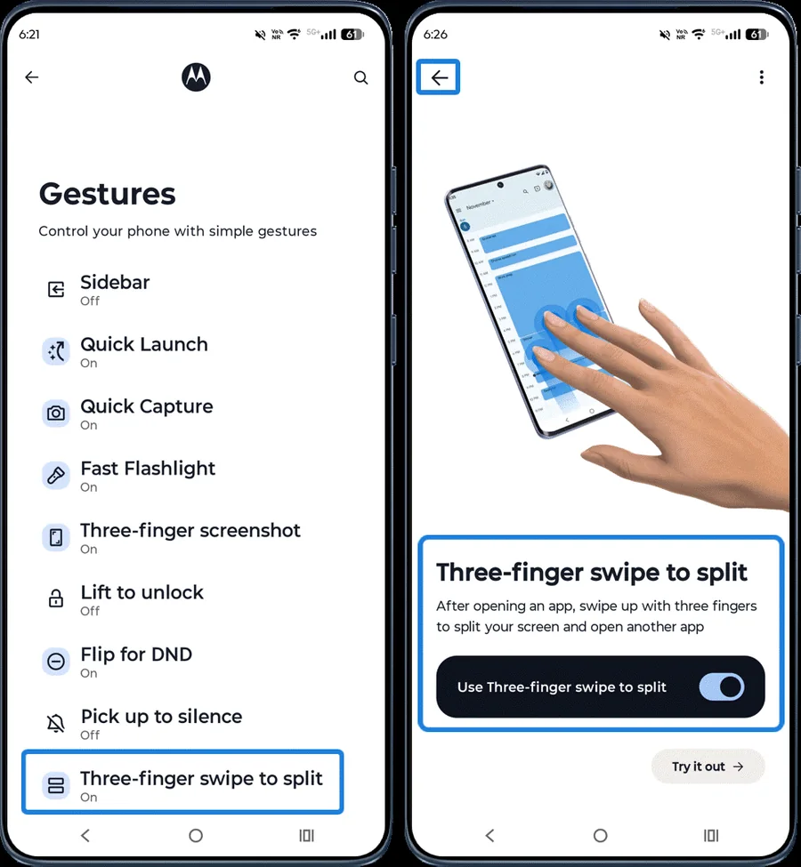 Moto app Three-finger swipe to split switch