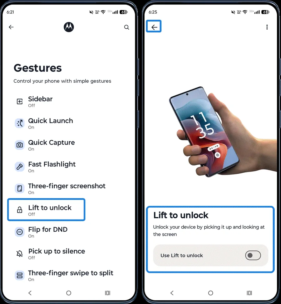 Moto app Lift to unlock switch